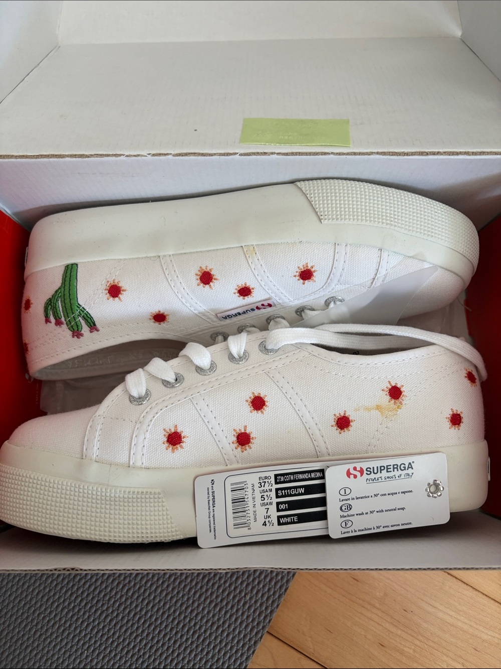 Superga White Canvas Sneakers with Red Flower Embroidery